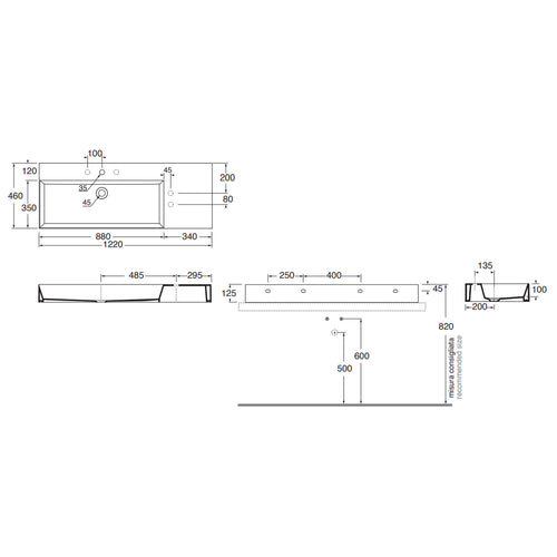 Lavabo da appoggio/sospeso squadrato di Ceramica Azzurra serie Elegance 122x46 cm con piano a destra e foro rubinetteria