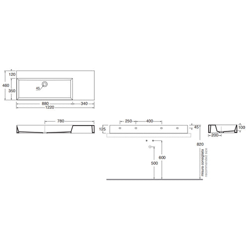 Lavabo da appoggio/sospeso squadrato di Ceramica Azzurra serie Elegance 122x46 cm con piano a destra
