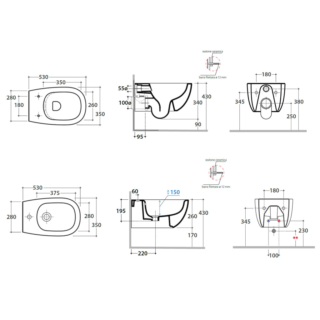 Sanitari sospesi senza brida Globo serie Daily 53x35xH34 cm con copriwater incluso - Bianco Lucido