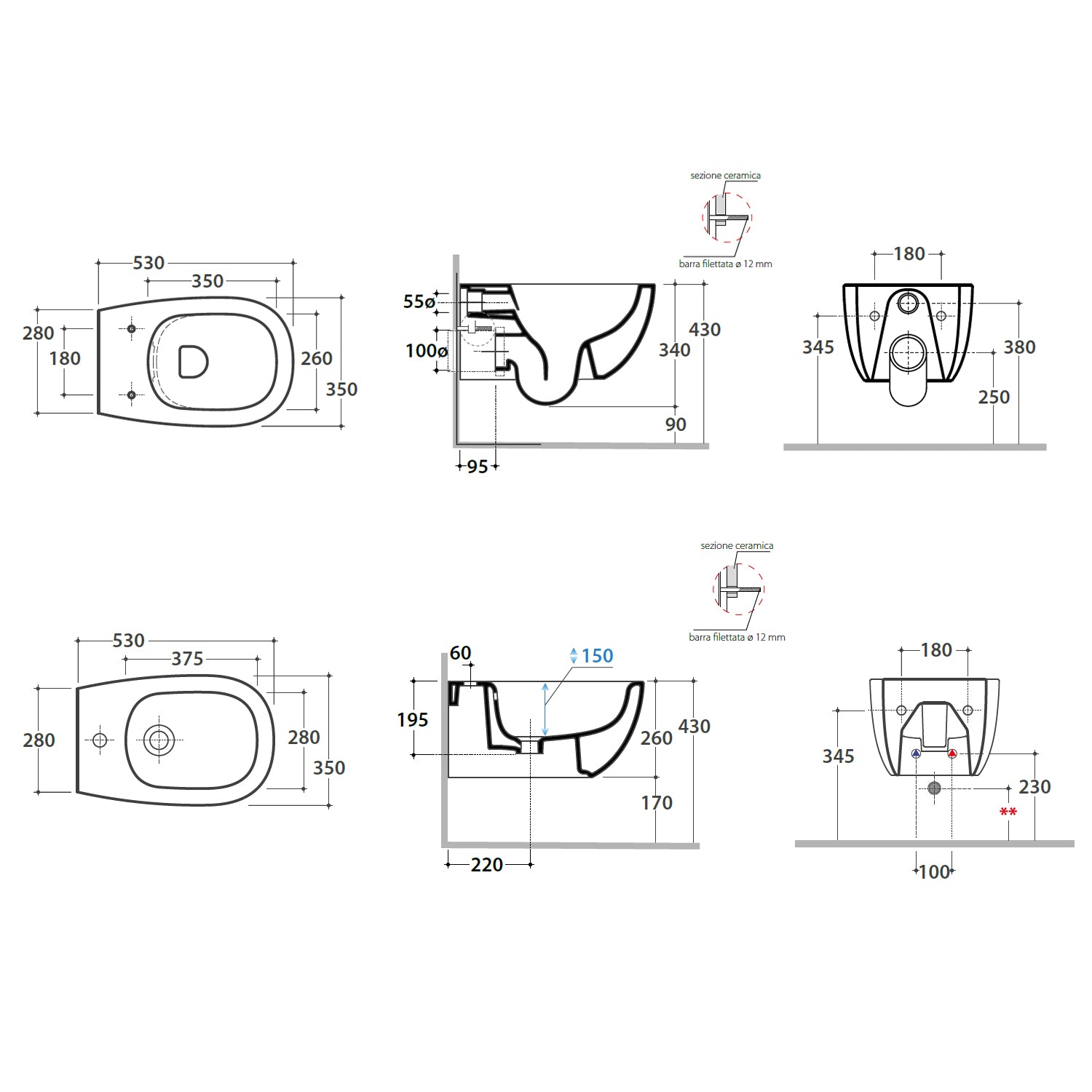 Sanitari sospesi senza brida Globo serie Daily 53x35xH34 cm con copriwater incluso - Bianco Lucido