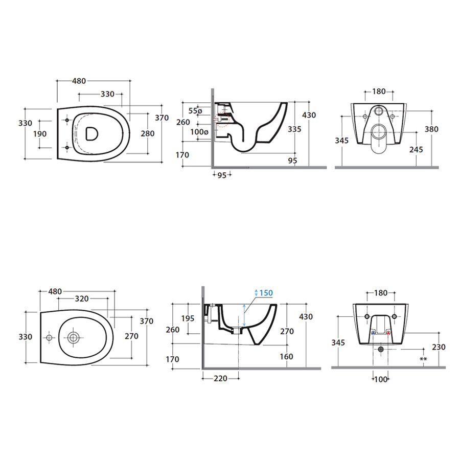 Sanitari sospesi Globo wc+sedile+bidet modello 4all cm 48x37 completi di fissaggi. Ceramica bianca