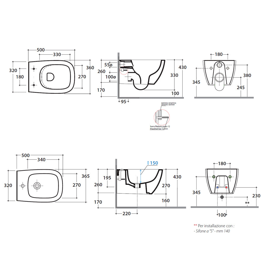Coppia di sanitari sospesi Globo modello Genesis cm 50x36 completi di fissaggi. Ceramica bianca