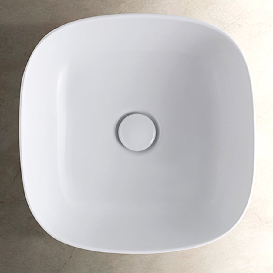 Lavabo quadrato con angoli tondi cm 42x42x16h. Installazione da appoggio. In ceramica biancaÂ 