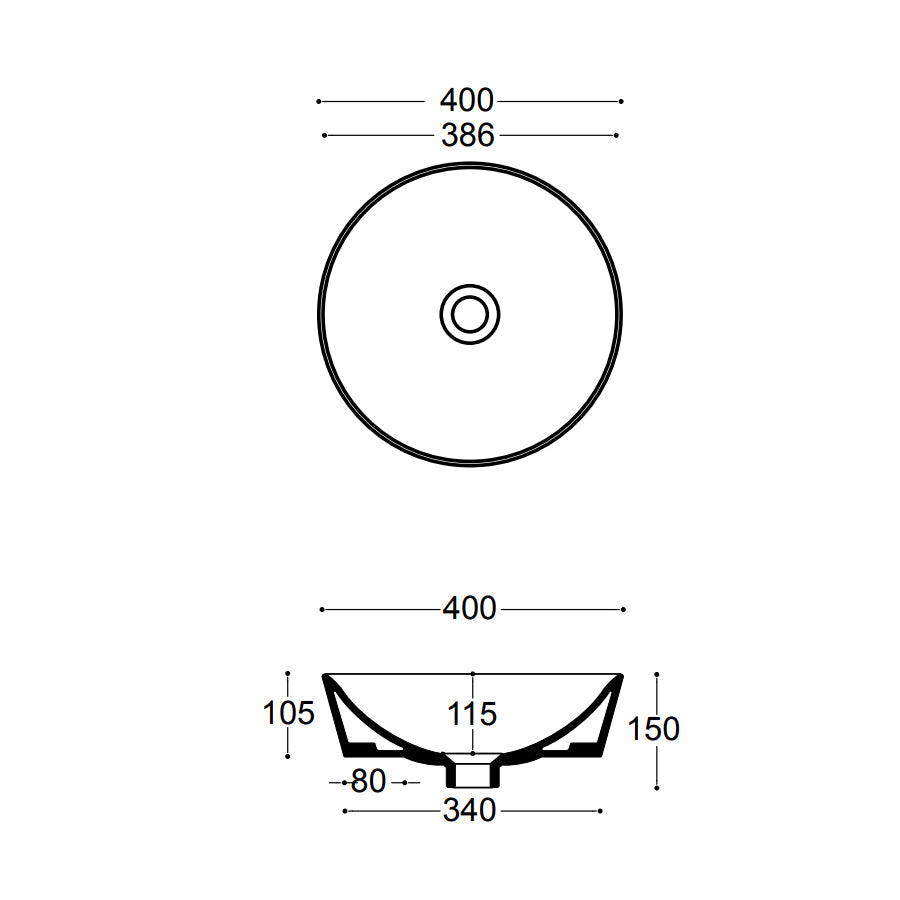 Lavabo tondo per installazione d'appoggio in ceramica bianca. Althea modello Tecno. Misure cm 40x40