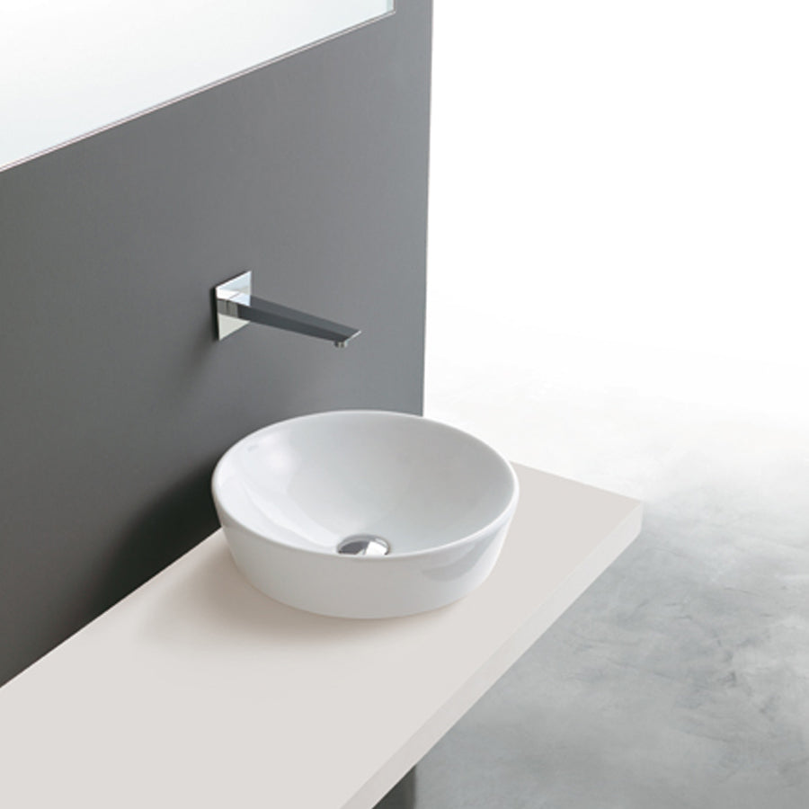 Lavabo tondo per installazione d'appoggio in ceramica bianca. Althea modello Tecno. Misure cm 40x40