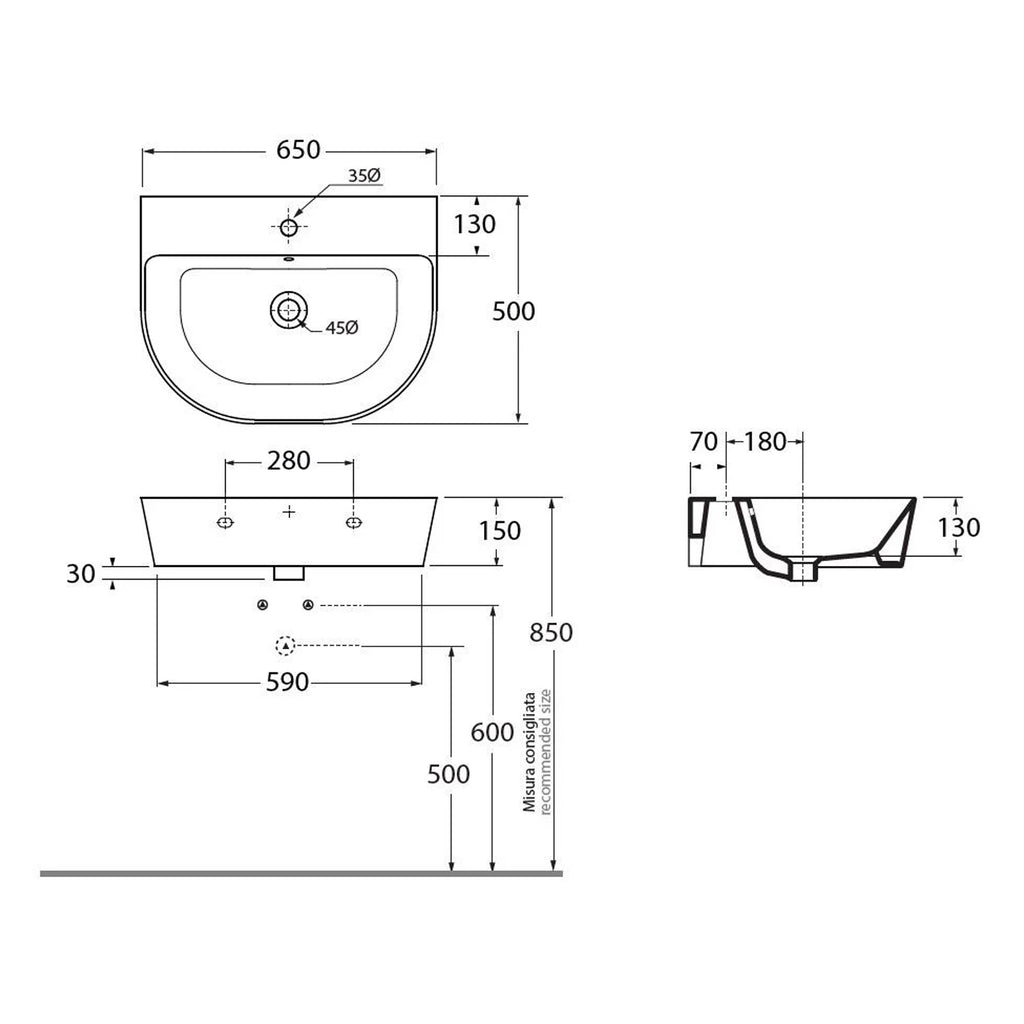 Lavabo sospeso/appoggio 65x50 cm Serie Forma di Azzurra Ceramica - Bianco Lucido