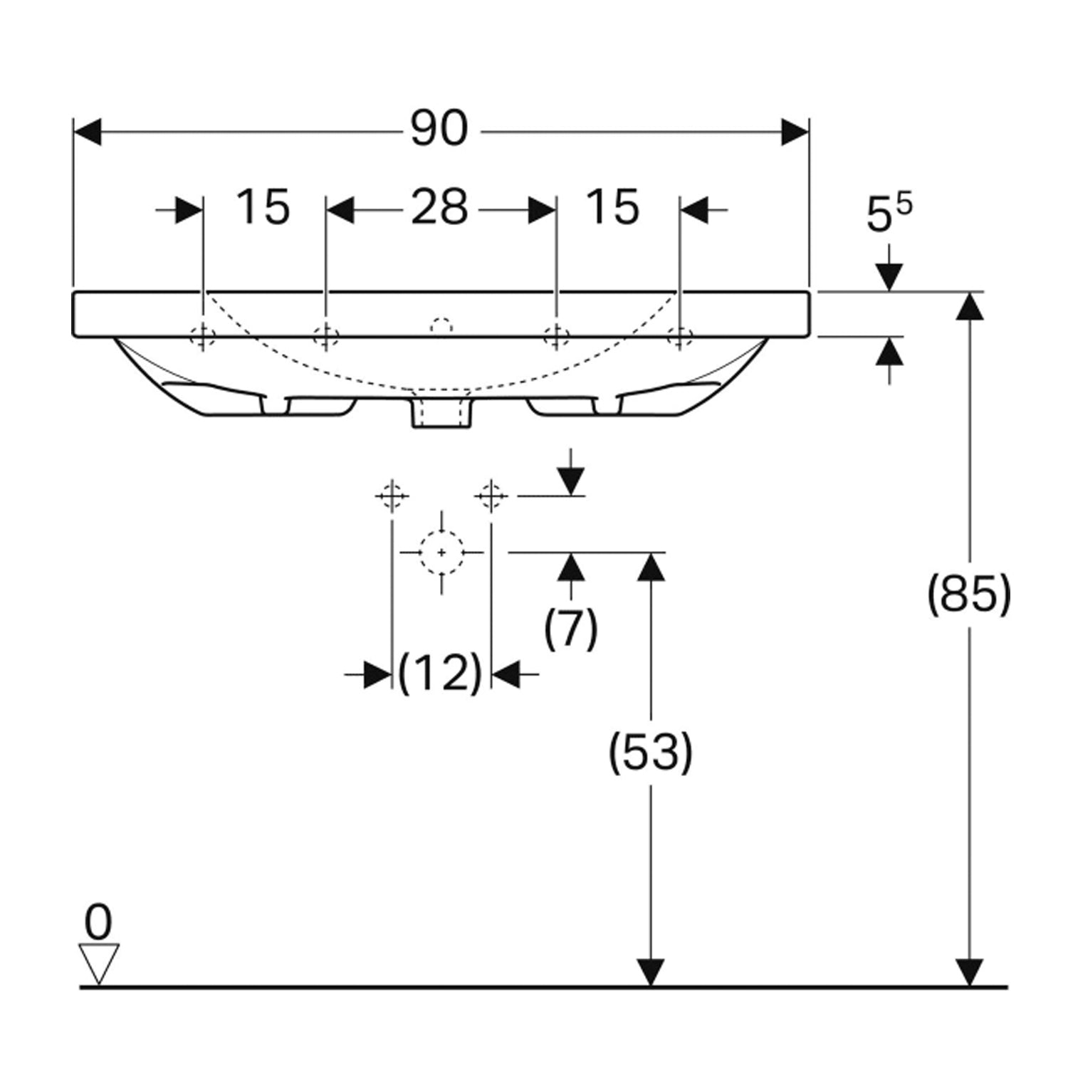 Lavabo sospeso-appoggio monoforo modello Acanto Geberit cm 90