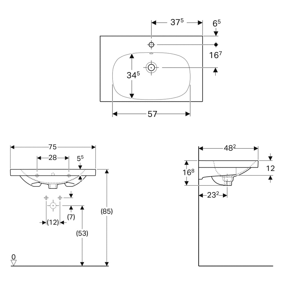 Lavabo sospeso-appoggio monoforo modello Acanto Geberit cm 75