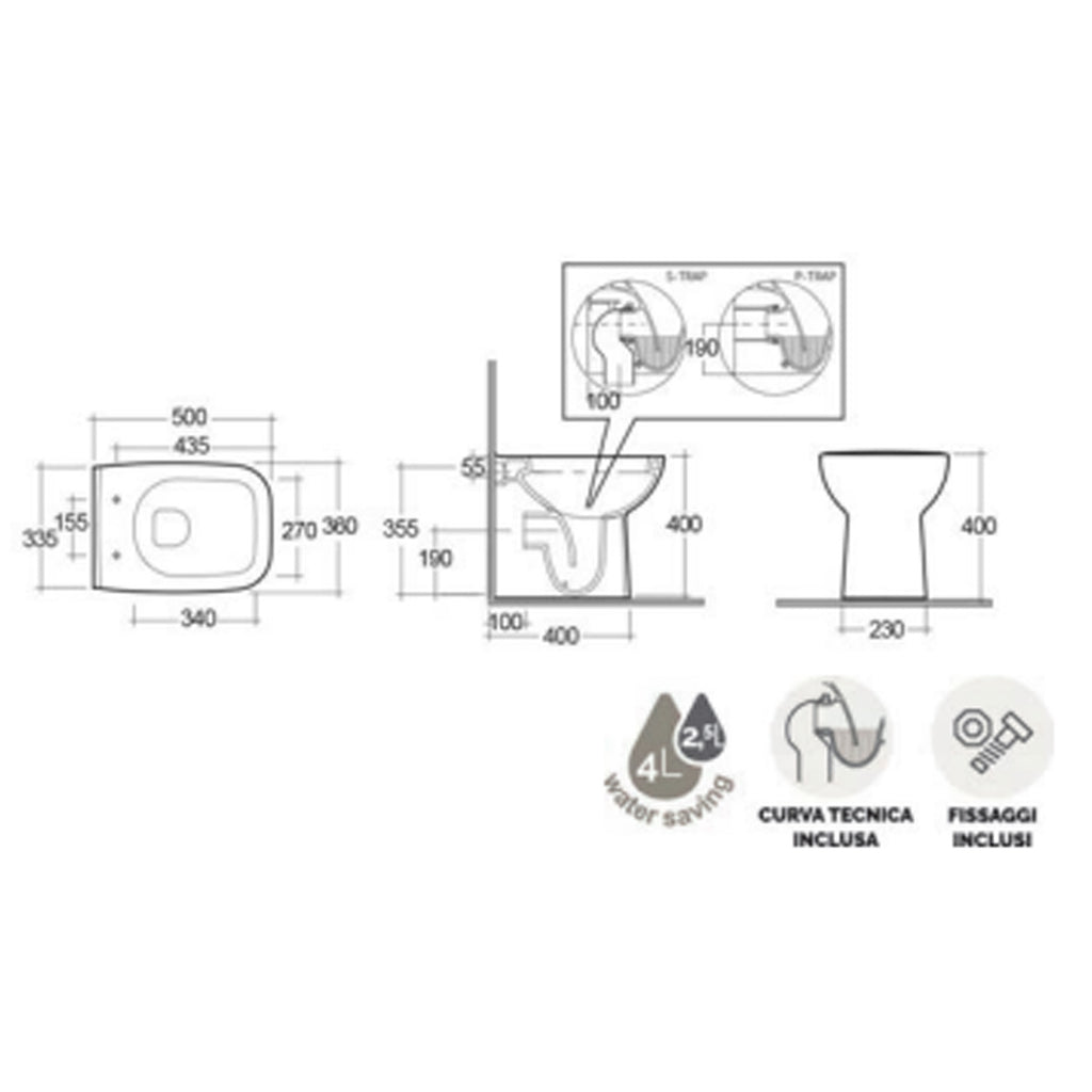 WC filomuro collezione Origin 50x36 cm scarico traslato con copriwater SoftClose - Bianco