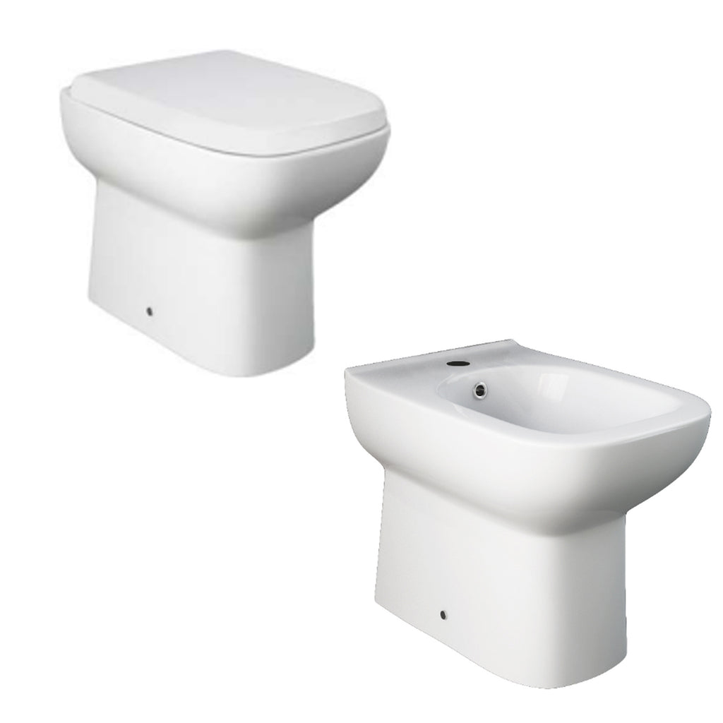 Coppia sanitari filomuro collezione Origin 50x36 cm scarico traslato con copriwater SoftClose