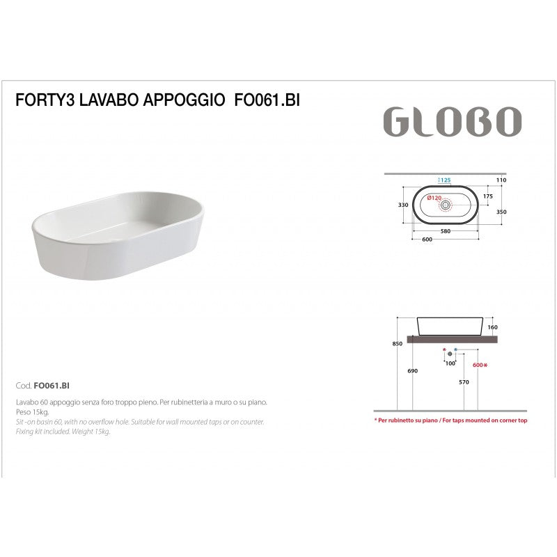Lavabo da Appoggio Ceramica Globo Forty3 60X35 FO061.BI