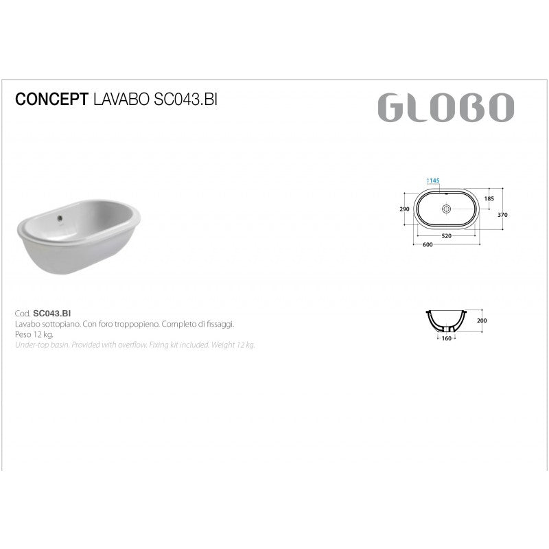 Lavabo Sottopiano Ceramica Globo Forty3 60x37 SC043.BI
