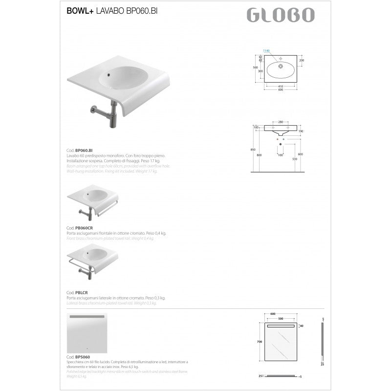 Lavabo Sospeso Ceramica Globo Bowl+ 60x50 BP060.BI