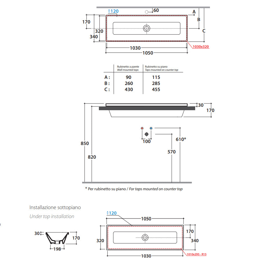 Lavabo da incasso 105x34 Ceramica Globo Stockholm  FO105.BI