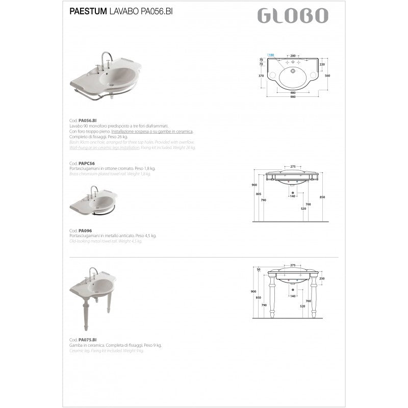 Lavabo sospeso 90x56 Ceramica Globo PAESTUM PA056.BI