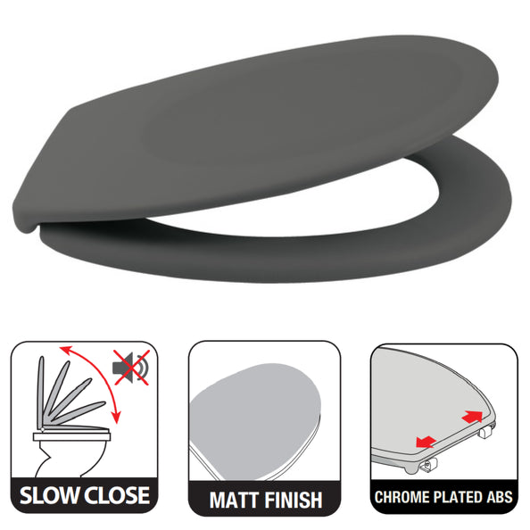 Sedile WC universale modello KLAK realizzato in  Thermo Dur Grigio Opaco Menta e Cerniere in acciaio inox