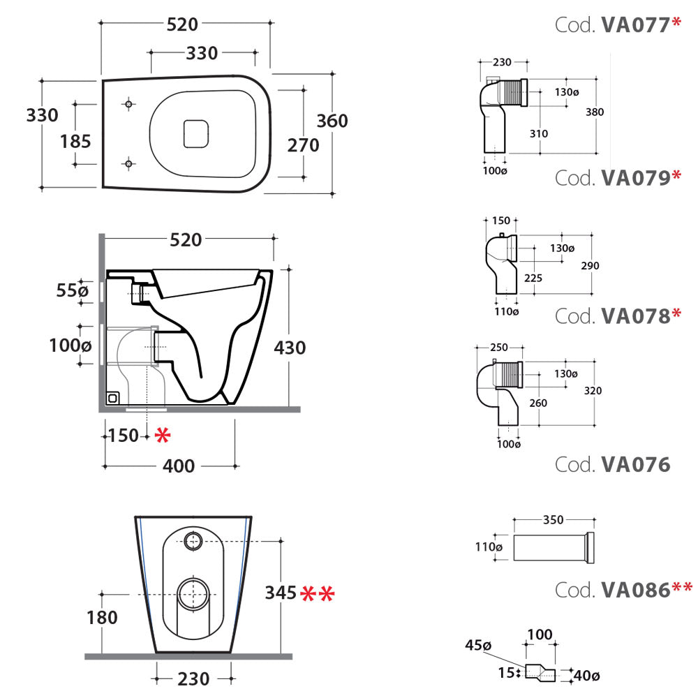 Sanitari Filo parete Ceramica Globo Stone 52 Multi scarico traslato con Sedile Soft Close