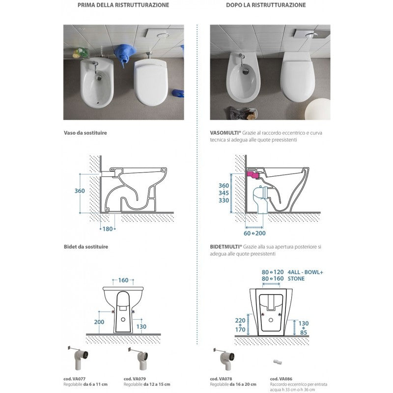 Sanitari Filo Muro Ceramica Globo Forty3  MULTI Fissaggio Ghost scarico traslato con sedile Soft Close