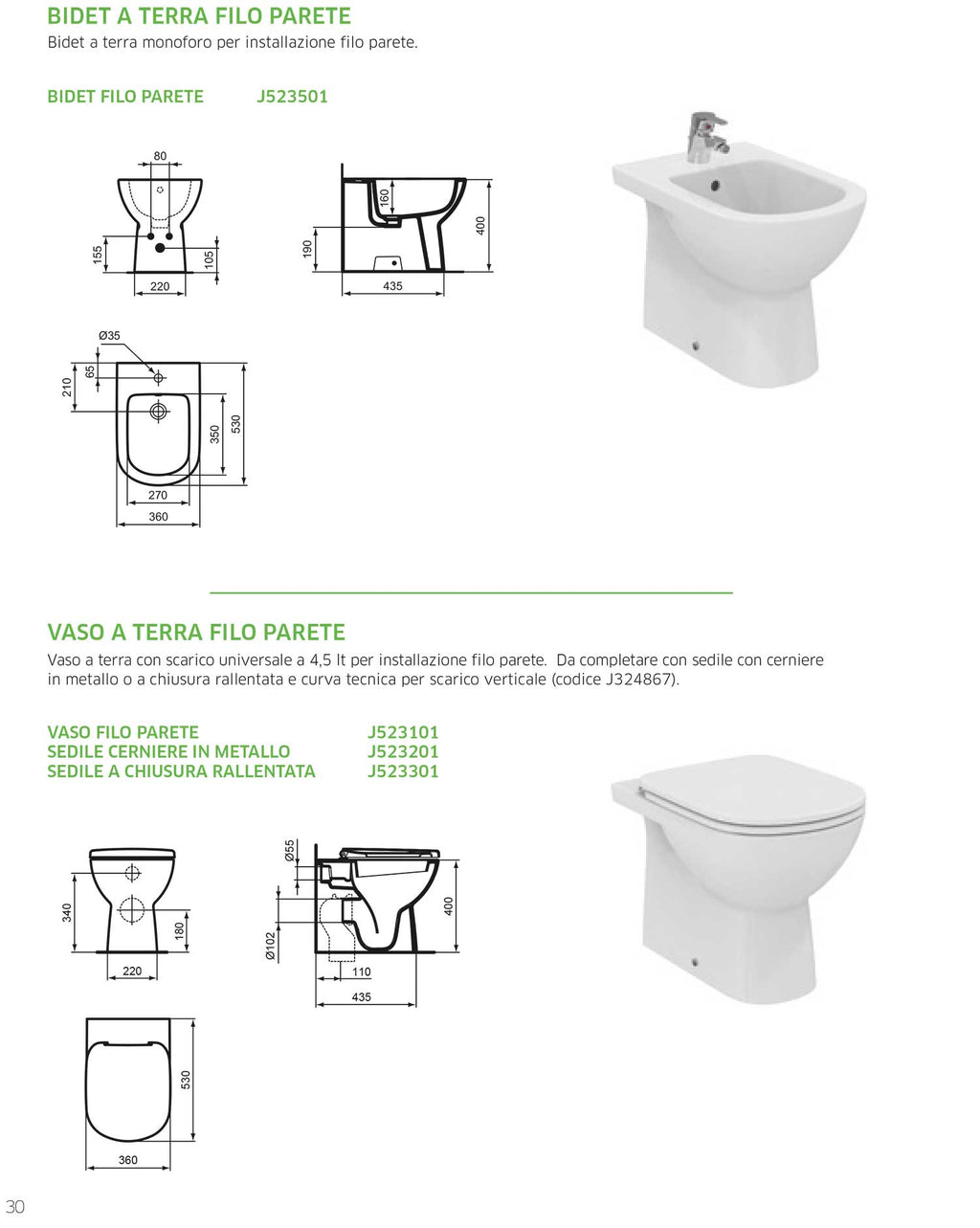 Coppia di sanitari filomuro Dolomite Gemma 2 Wc + Sedile tradizionale e Bidet