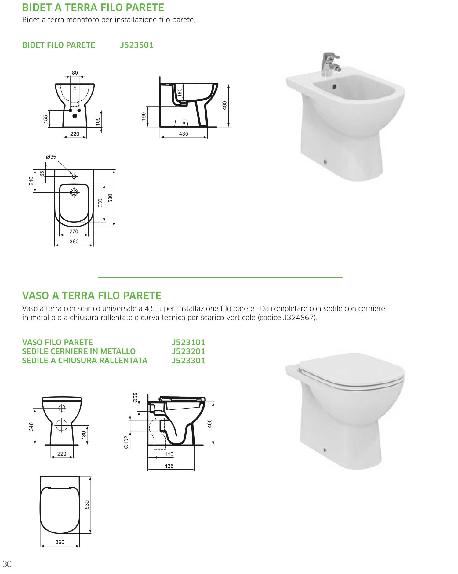 Coppia di sanitari filomuro Dolomite Gemma 2 Wc + Sedile tradizionale e Bidet
