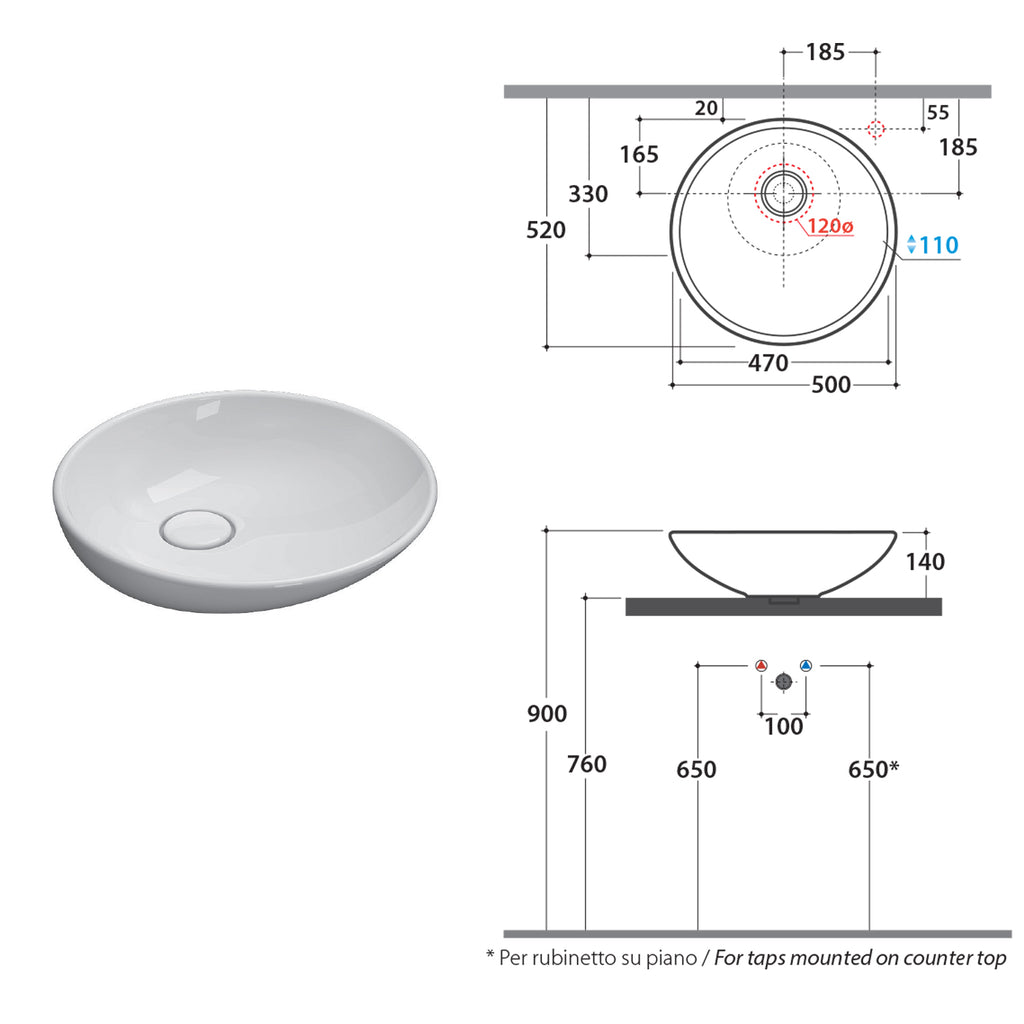 Lavabo da appoggio bianco Free di Ceramica Globo diametro 50 h.14 cm