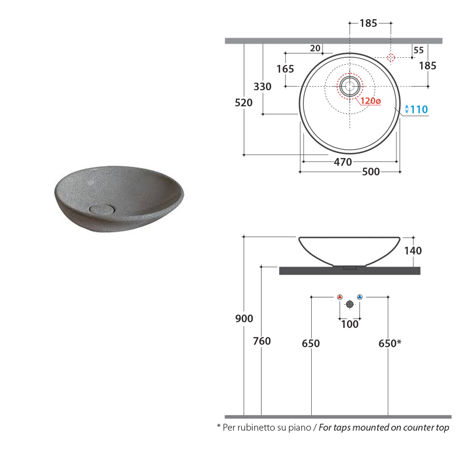 Lavabo d'appoggio Free Le Pietre Ceramica Globo finitura peperino grigio diametro 50 cm