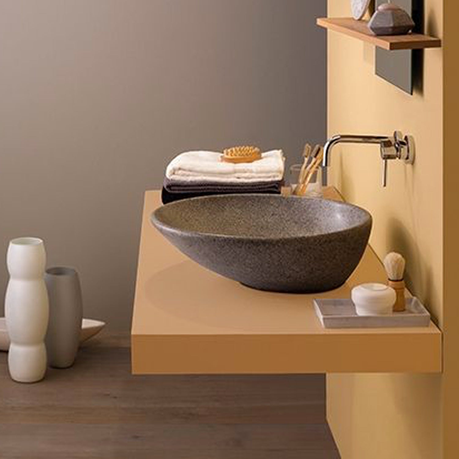 Lavabo d'appoggio Free Le Pietre Ceramica Globo finitura peperino grigio diametro 50 cm