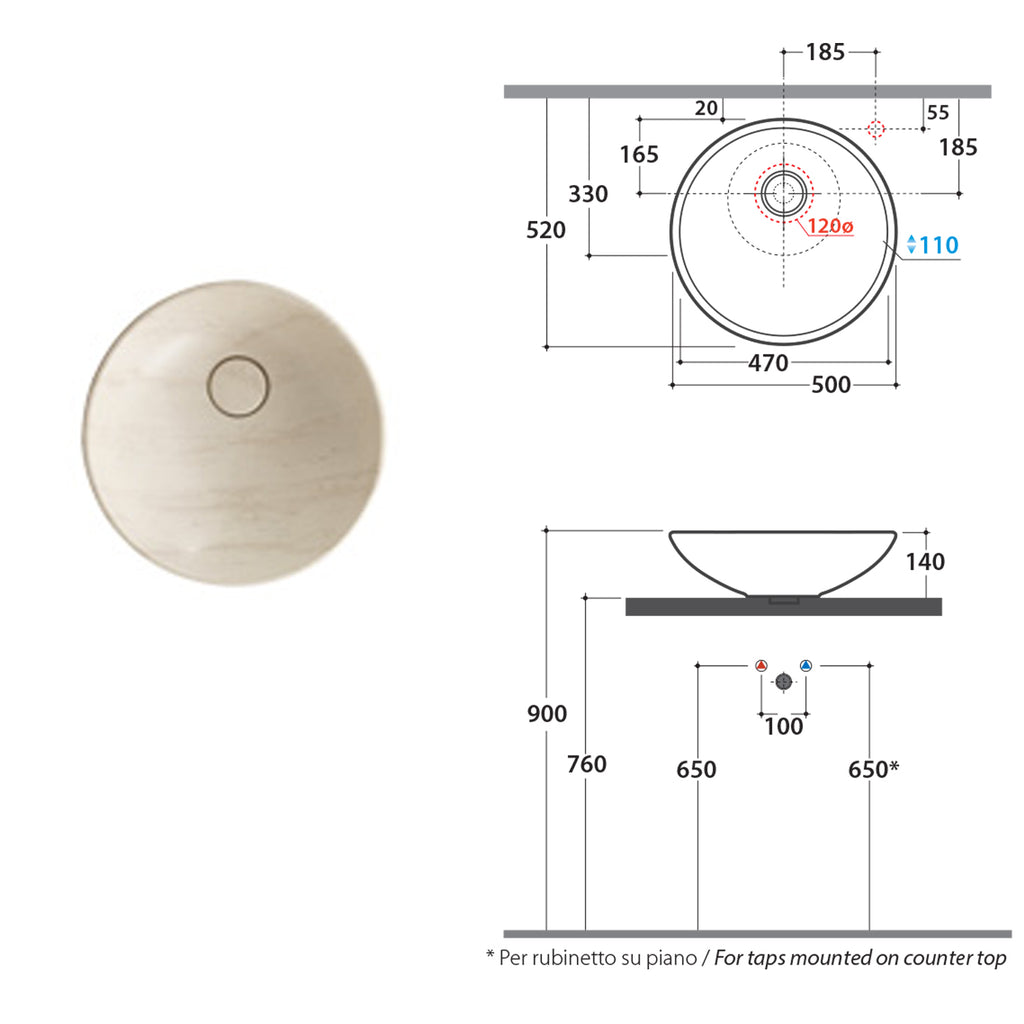 Lavabo d'appoggio Free Le Pietre Ceramica Globo finitura travertino diametro 50 cm