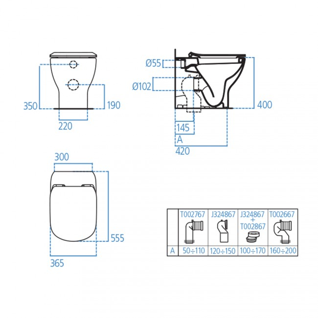 Sanitari filo muro Ideal Standard Tesi Bianco Opaco con scarico traslato e AquaBlade con sedile termoindurente chiusura rallentata