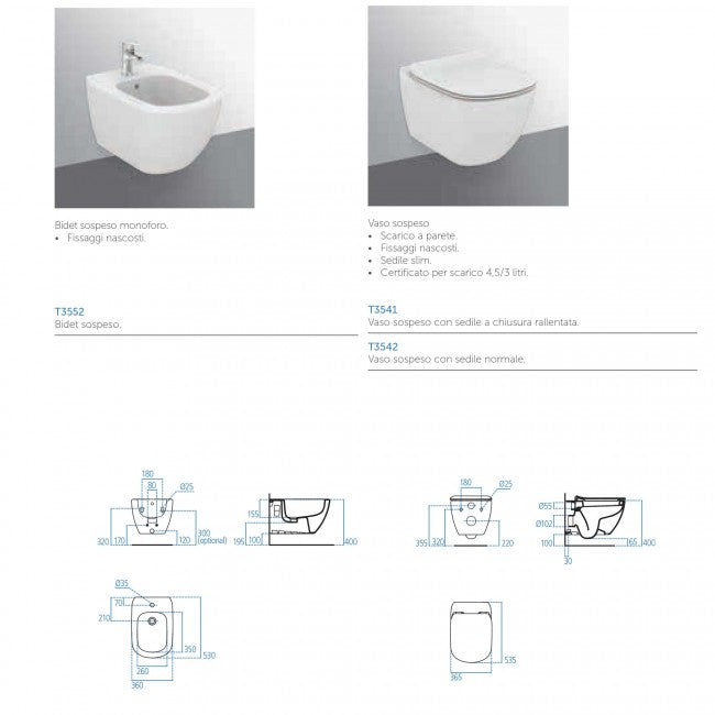 Coppia di sanitari sospesi AcquaBlade serie Tesi di Ideal Standard con sedile slim soft close Bianco Seta