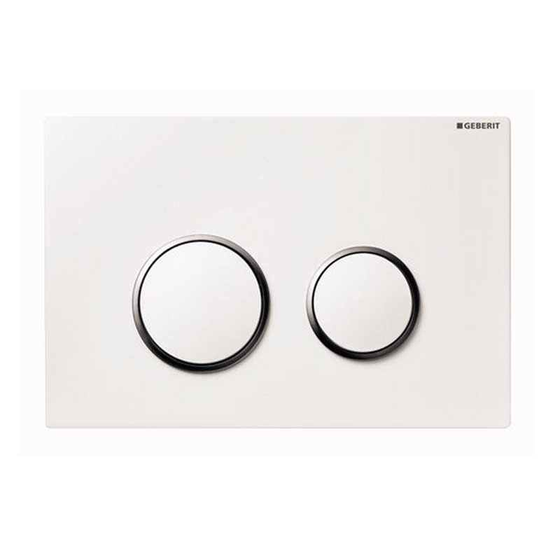 Piastra di azionamento Geberit modello Omega 20 bianca con profili cromati