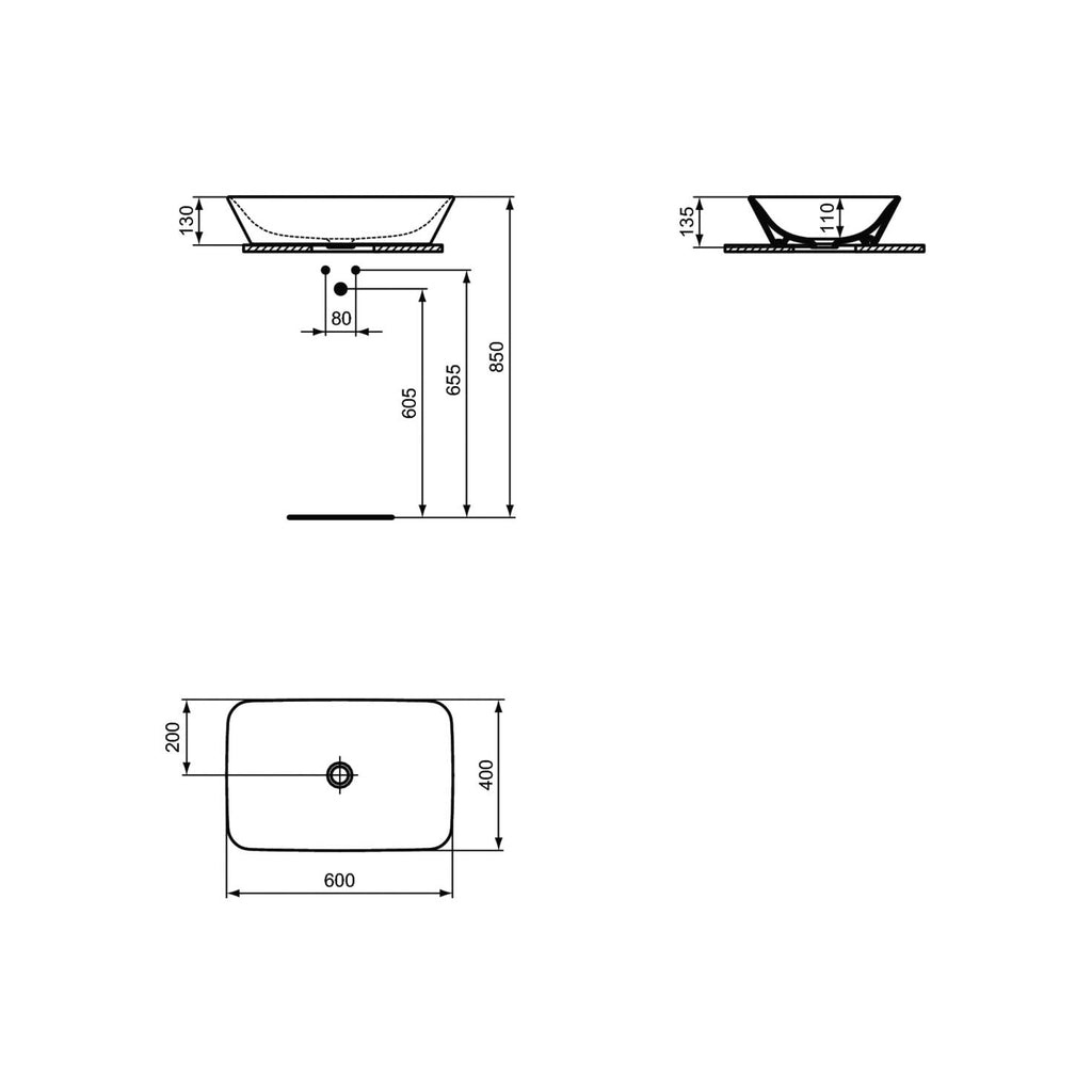 Lavabo da appoggio 60X40 con bordo ultra sottile Ideal Standard Connect Air