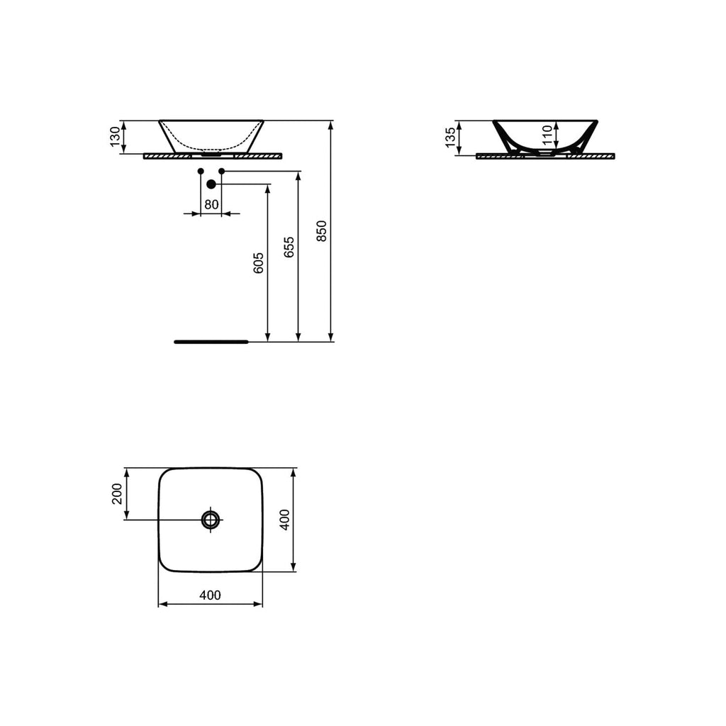 Lavabo da appoggio 40X40 con bordo ultra sottile Ideal Standard Connect Air