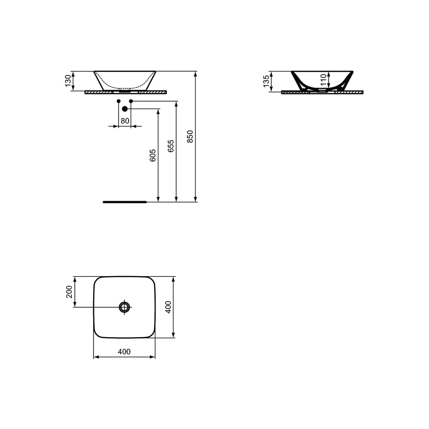 Lavabo da appoggio 40X40 con bordo ultra sottile Ideal Standard Connect Air