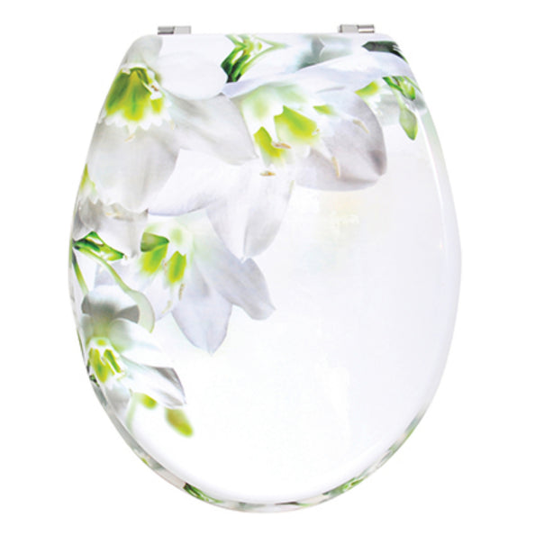Sedile WC in MDF con motivo floreale e cerniere in Acciaio Inox - Bianco