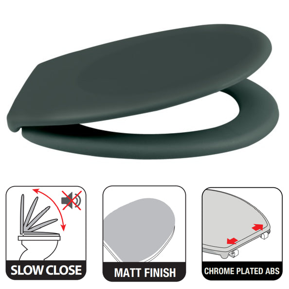 Sedile WC universale modello KLAK realizzato in  Thermo Dur Colore Verde scuro e Cerniere in acciaio inox