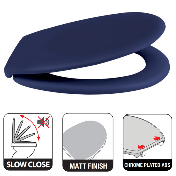 Sedile WC universale modello KLAK realizzato in  Thermo Dur Colore Blu Opaco e Cerniere in acciaio inox